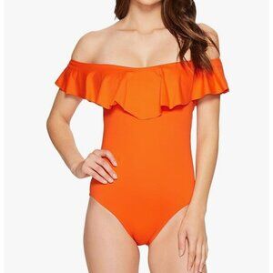 Trina Turk Monaco Ruffle Off Shoulder Swimsuit Womens Size 4 Flame Orange NWT